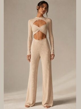 Blithe LA Jumpsuit Ribbed Beige Wide leg Front Cutout Front sz L